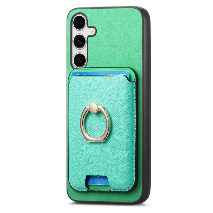 For Samsung Galaxy S25+ 5G Retro Cross Leather Ring Vertical Insert Card Bag MagSafe Phone Case(Green)