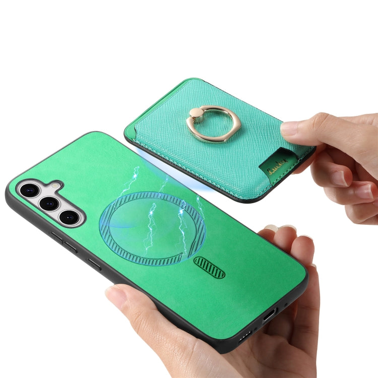 For Samsung Galaxy S25+ 5G Retro Cross Leather Ring Vertical Insert Card Bag MagSafe Phone Case(Green)