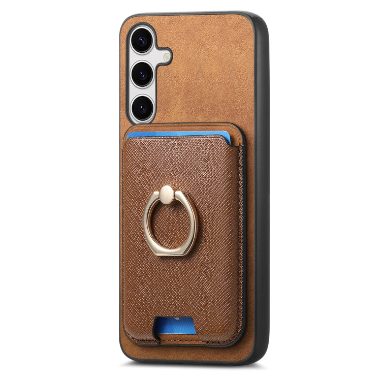 For Samsung Galaxy S25+ 5G Retro Cross Leather Ring Vertical Insert Card Bag MagSafe Phone Case(Brown)