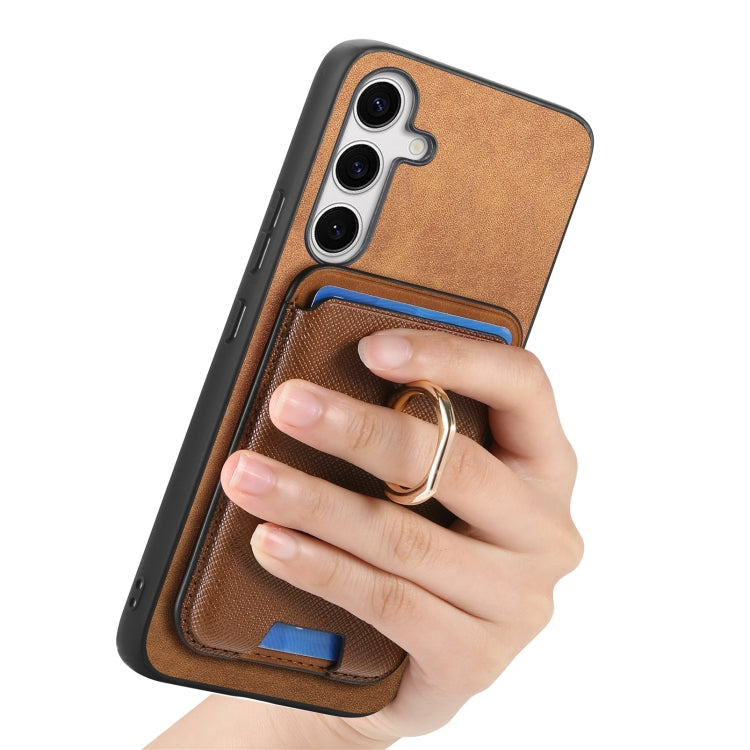 For Samsung Galaxy S25+ 5G Retro Cross Leather Ring Vertical Insert Card Bag MagSafe Phone Case(Brown)