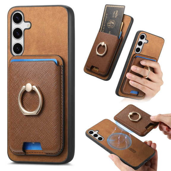 For Samsung Galaxy S25+ 5G Retro Cross Leather Ring Vertical Insert Card Bag MagSafe Phone Case(Brown)