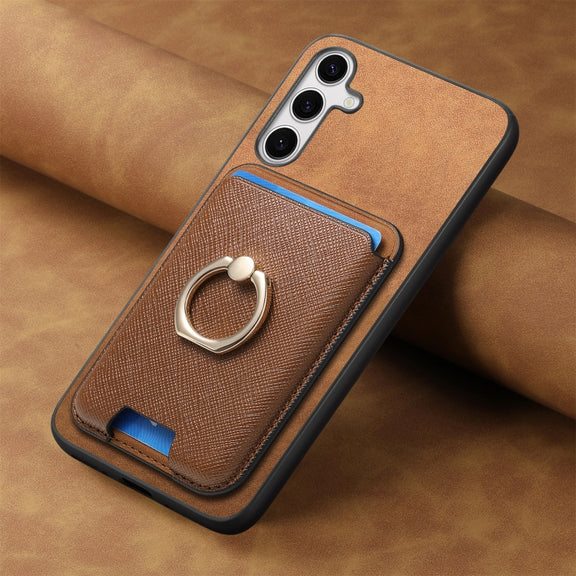 For Samsung Galaxy S25+ 5G Retro Cross Leather Ring Vertical Insert Card Bag MagSafe Phone Case(Brown)