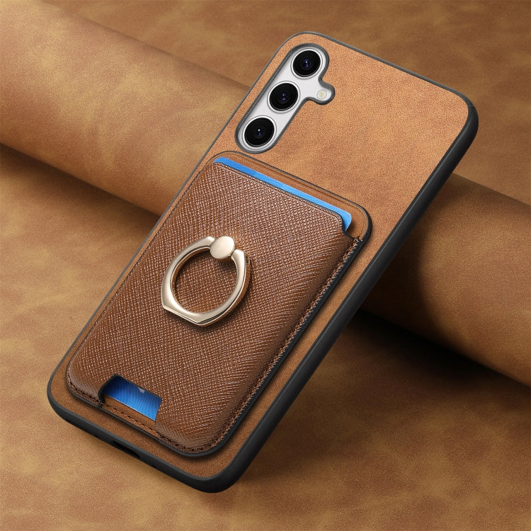 For Samsung Galaxy S25+ 5G Retro Cross Leather Ring Vertical Insert Card Bag MagSafe Phone Case(Brown)