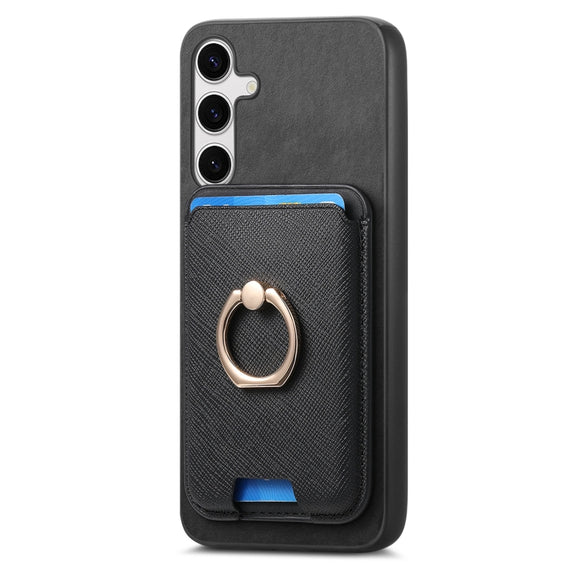 For Samsung Galaxy S25+ 5G Retro Cross Leather Ring Vertical Insert Card Bag MagSafe Phone Case(Black)