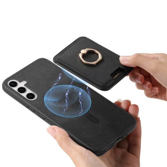 For Samsung Galaxy S25+ 5G Retro Cross Leather Ring Vertical Insert Card Bag MagSafe Phone Case(Black)