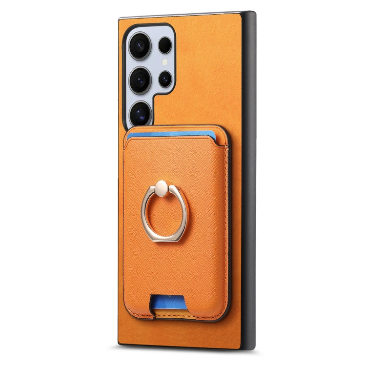 For Samsung Galaxy S25 Ultra 5G Retro Cross Leather Ring Vertical Insert Card Bag MagSafe Phone Case(Yellow)