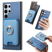 For Samsung Galaxy S25 Ultra 5G Retro Cross Leather Ring Vertical Insert Card Bag MagSafe Phone Case(Blue)