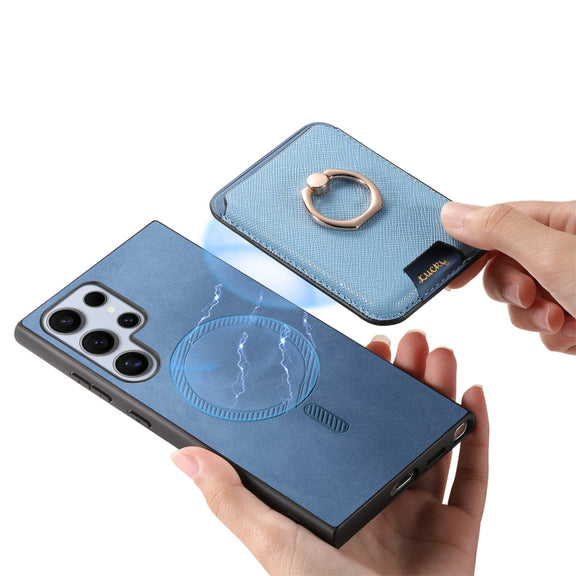For Samsung Galaxy S25 Ultra 5G Retro Cross Leather Ring Vertical Insert Card Bag MagSafe Phone Case(Blue)