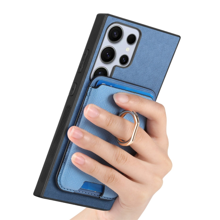 For Samsung Galaxy S25 Ultra 5G Retro Cross Leather Ring Vertical Insert Card Bag MagSafe Phone Case(Blue)