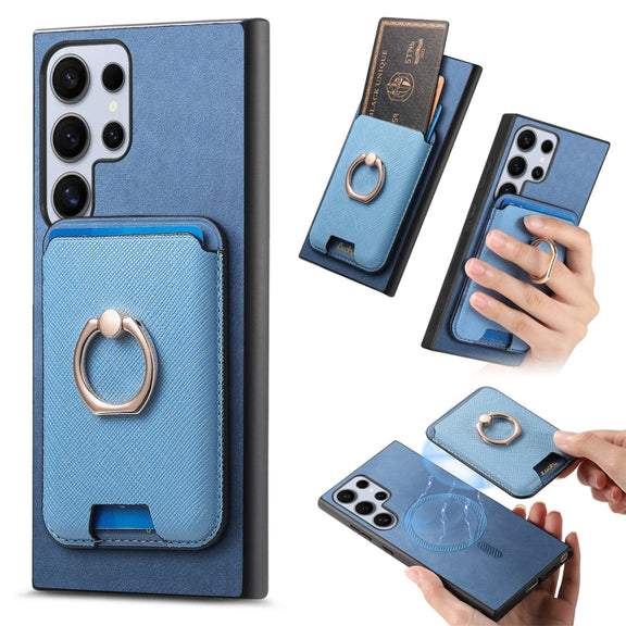 For Samsung Galaxy S25 Ultra 5G Retro Cross Leather Ring Vertical Insert Card Bag MagSafe Phone Case(Blue)