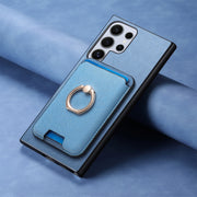 For Samsung Galaxy S25 Ultra 5G Retro Cross Leather Ring Vertical Insert Card Bag MagSafe Phone Case(Blue)