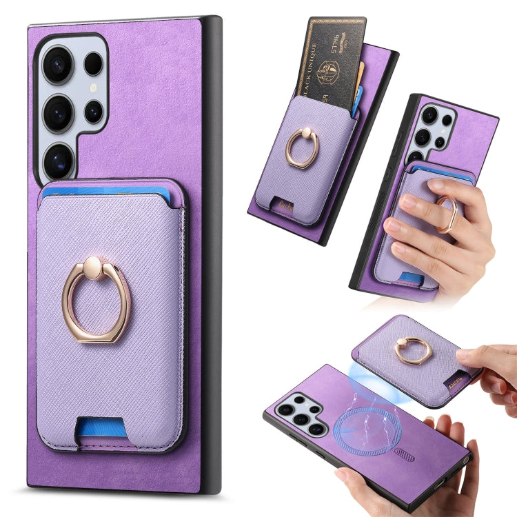 For Samsung Galaxy S25 Ultra 5G Retro Cross Leather Ring Vertical Insert Card Bag MagSafe Phone Case(Purple)
