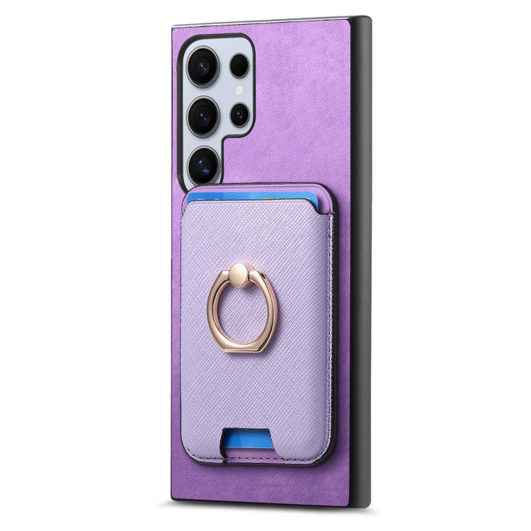 For Samsung Galaxy S25 Ultra 5G Retro Cross Leather Ring Vertical Insert Card Bag MagSafe Phone Case(Purple)