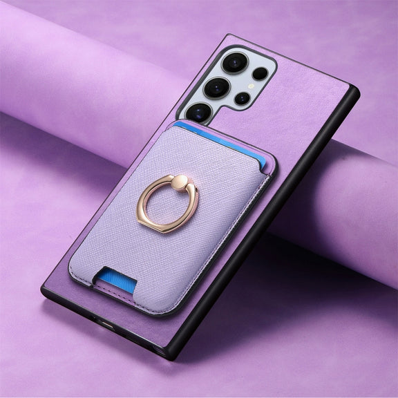 For Samsung Galaxy S25 Ultra 5G Retro Cross Leather Ring Vertical Insert Card Bag MagSafe Phone Case(Purple)