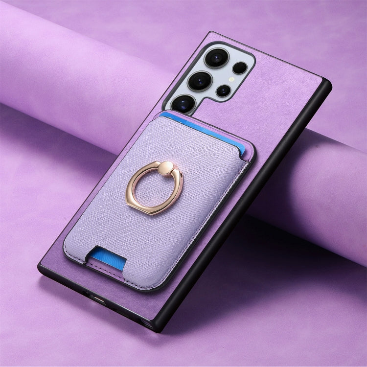 For Samsung Galaxy S25 Ultra 5G Retro Cross Leather Ring Vertical Insert Card Bag MagSafe Phone Case(Purple)