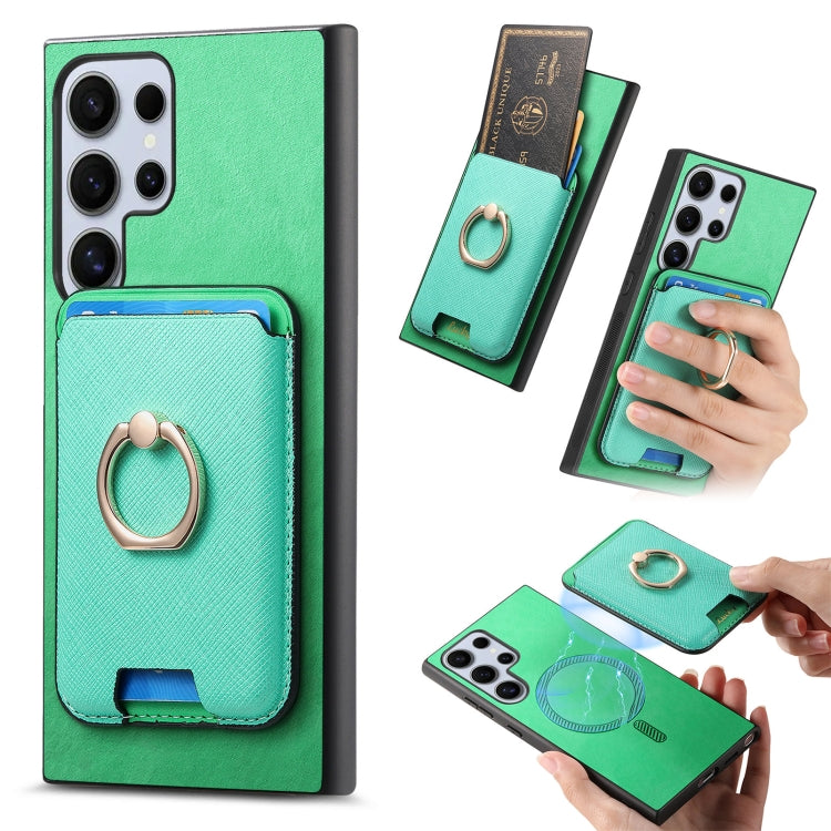 For Samsung Galaxy S25 Ultra 5G Retro Cross Leather Ring Vertical Insert Card Bag MagSafe Phone Case(Green)