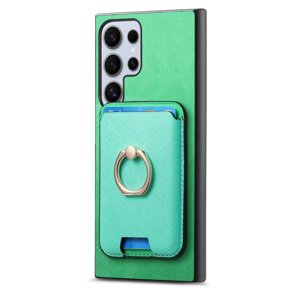For Samsung Galaxy S25 Ultra 5G Retro Cross Leather Ring Vertical Insert Card Bag MagSafe Phone Case(Green)