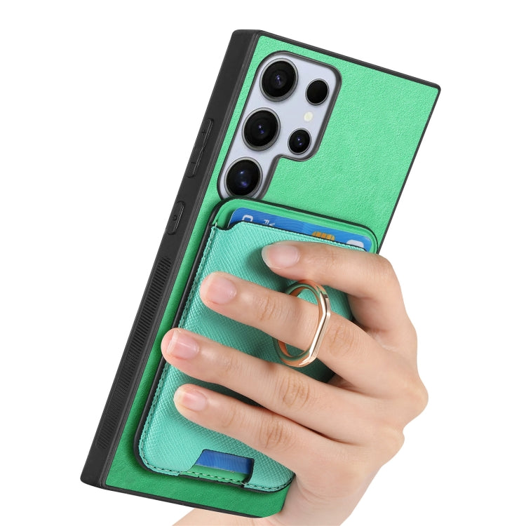 For Samsung Galaxy S25 Ultra 5G Retro Cross Leather Ring Vertical Insert Card Bag MagSafe Phone Case(Green)