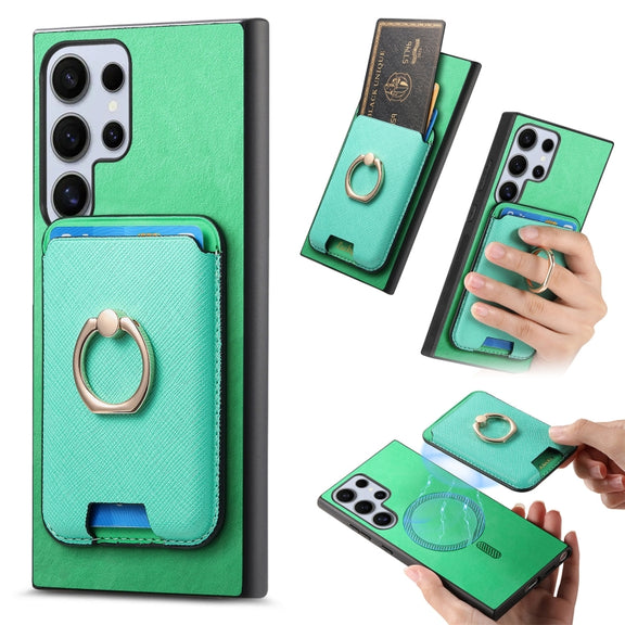 For Samsung Galaxy S25 Ultra 5G Retro Cross Leather Ring Vertical Insert Card Bag MagSafe Phone Case(Green)