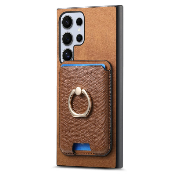 For Samsung Galaxy S25 Ultra 5G Retro Cross Leather Ring Vertical Insert Card Bag MagSafe Phone Case(Brown)