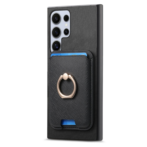 For Samsung Galaxy S25 Ultra 5G Retro Cross Leather Ring Vertical Insert Card Bag MagSafe Phone Case(Black)