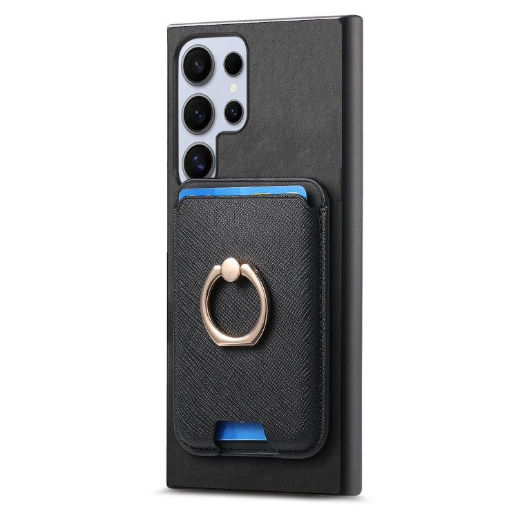 For Samsung Galaxy S25 Ultra 5G Retro Cross Leather Ring Vertical Insert Card Bag MagSafe Phone Case(Black)