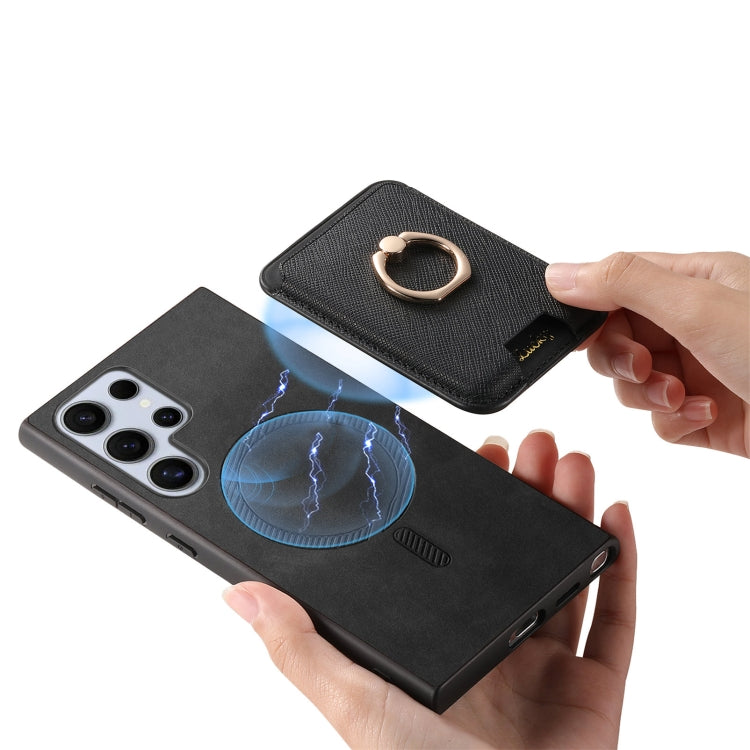 For Samsung Galaxy S25 Ultra 5G Retro Cross Leather Ring Vertical Insert Card Bag MagSafe Phone Case(Black)