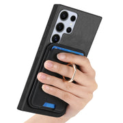 For Samsung Galaxy S25 Ultra 5G Retro Cross Leather Ring Vertical Insert Card Bag MagSafe Phone Case(Black)