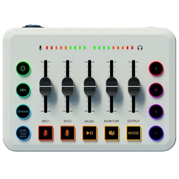 F9 48V Live Streaming Sound Card Audio Mixer Power Voice Changer with RGB Light(White)