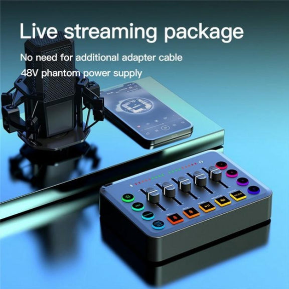 F9 48V Live Streaming Sound Card Audio Mixer Power Voice Changer with RGB Light(White)