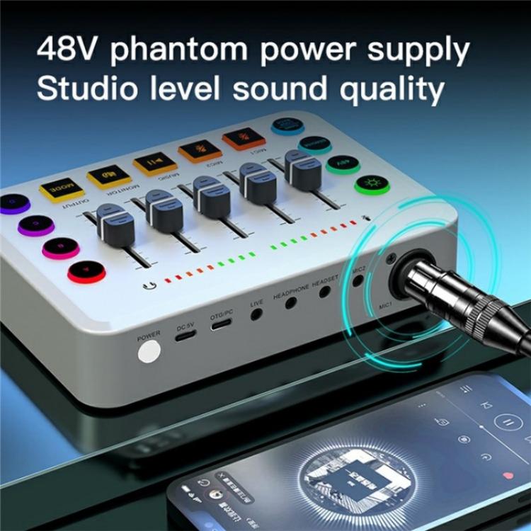 F9 48V Live Streaming Sound Card Audio Mixer Power Voice Changer with RGB Light(White)