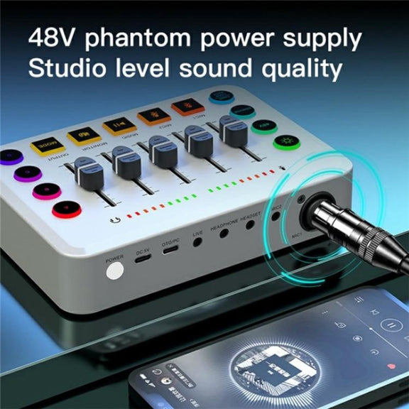 F9 48V Live Streaming Sound Card Audio Mixer Power Voice Changer with RGB Light(White)