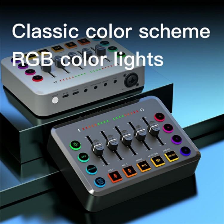 F9 48V Live Streaming Sound Card Audio Mixer Power Voice Changer with RGB Light(White)