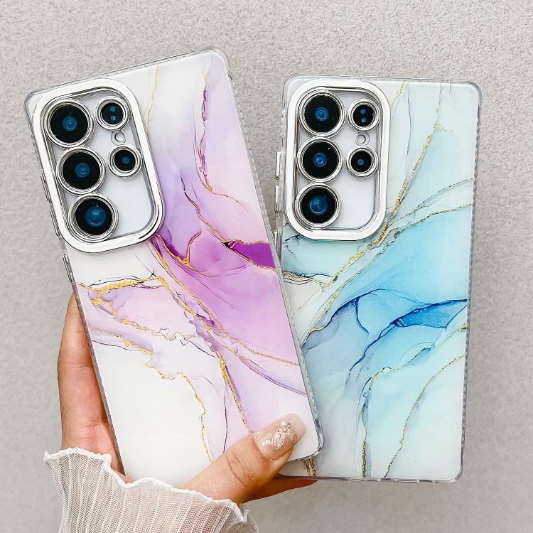 For Samsung Galaxy S25+ 5G Electroplated Marble Texture Phone Case(Gold Pink Red M12)