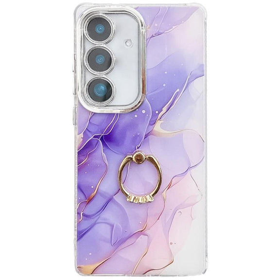 For Samsung Galaxy S25 5G Electroplated Marble Texture Ring Holder Phone Case(Purple S3)