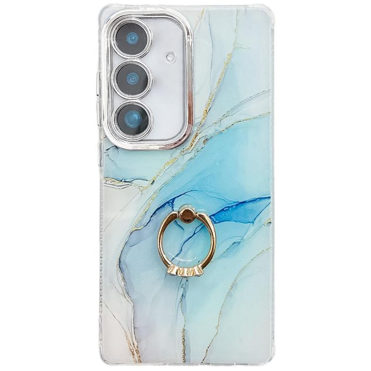 For Samsung Galaxy S25 5G Electroplated Marble Texture Ring Holder Phone Case(Light Blue S5)