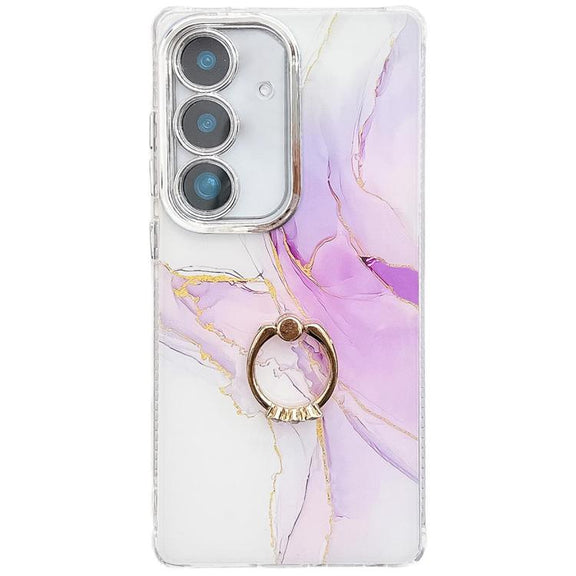 For Samsung Galaxy S25 5G Electroplated Marble Texture Ring Holder Phone Case(Light Purple S6)