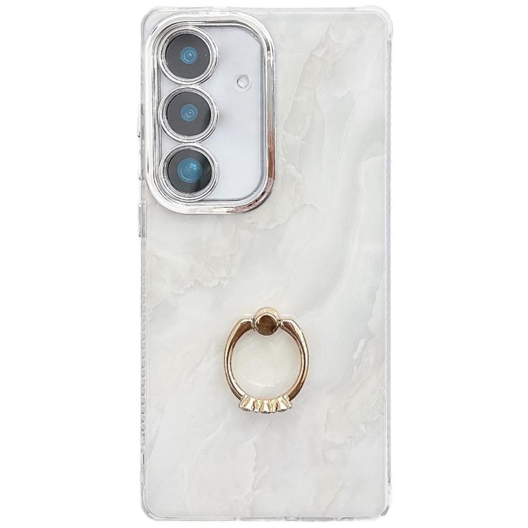 For Samsung Galaxy S25 5G Electroplated Marble Texture Ring Holder Phone Case(White S8)