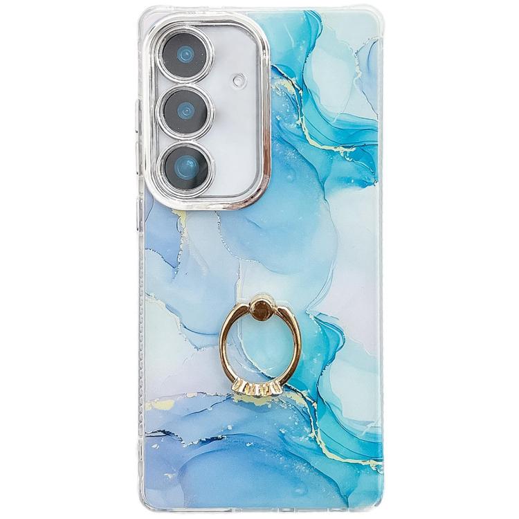 For Samsung Galaxy S25 5G Electroplated Marble Texture Ring Holder Phone Case(Blue Green S9)