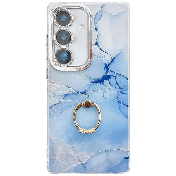 For Samsung Galaxy S25 5G Electroplated Marble Texture Ring Holder Phone Case(Blue S11)