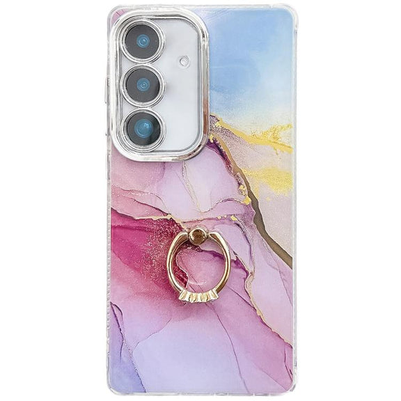 For Samsung Galaxy S25 5G Electroplated Marble Texture Ring Holder Phone Case(Gold Pink Red  S12)