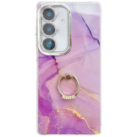For Samsung Galaxy S25 5G Electroplated Marble Texture Ring Holder Phone Case(Gold Purple Red S15)