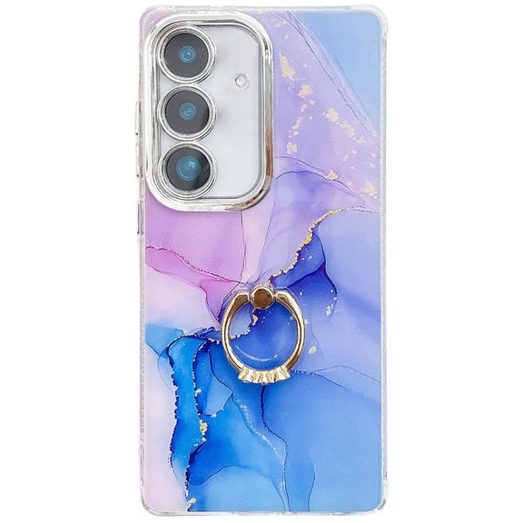 For Samsung Galaxy S25 5G Electroplated Marble Texture Ring Holder Phone Case(Purple Blue S18)