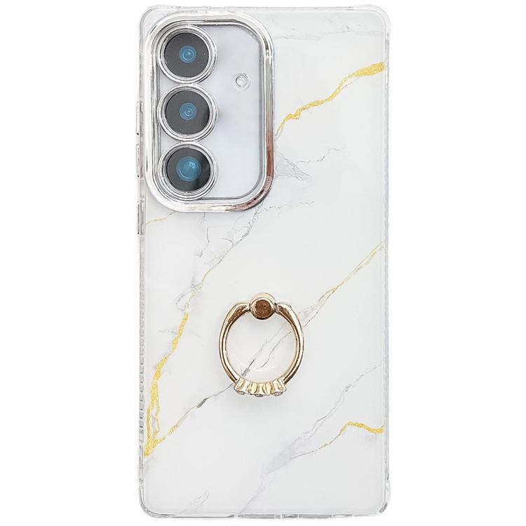 For Samsung Galaxy S25+ 5G Electroplated Marble Texture Ring Holder Phone Case(Gold White S1)
