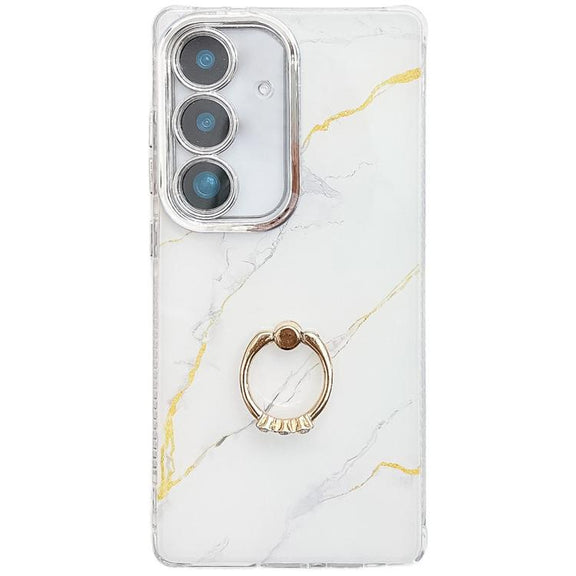 For Samsung Galaxy S25+ 5G Electroplated Marble Texture Ring Holder Phone Case(Gold White S1)