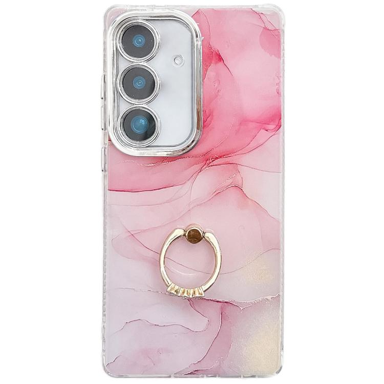 For Samsung Galaxy S25+ 5G Electroplated Marble Texture Ring Holder Phone Case(Pink S2)