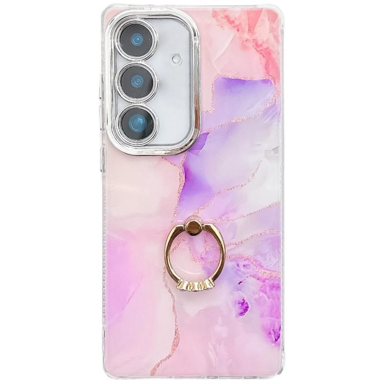 For Samsung Galaxy S25+ 5G Electroplated Marble Texture Ring Holder Phone Case(Pink Purple S4)