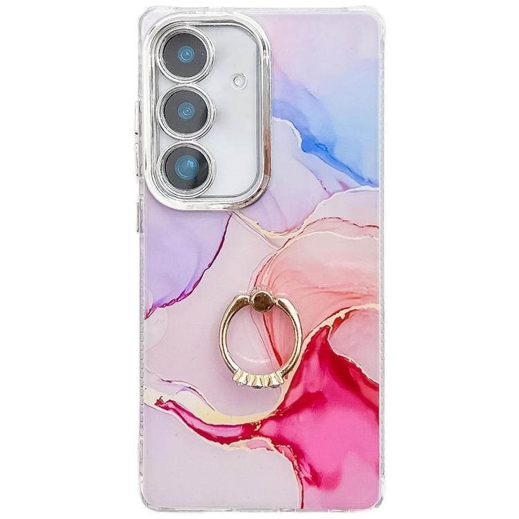 For Samsung Galaxy S25+ 5G Electroplated Marble Texture Ring Holder Phone Case(Red S7)