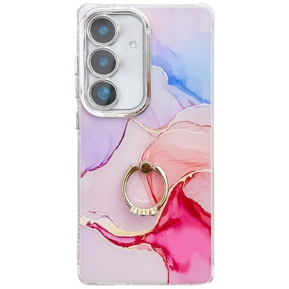 For Samsung Galaxy S25+ 5G Electroplated Marble Texture Ring Holder Phone Case(Red S7)