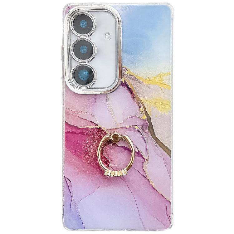 For Samsung Galaxy S25+ 5G Electroplated Marble Texture Ring Holder Phone Case(Gold Pink Red  S12)